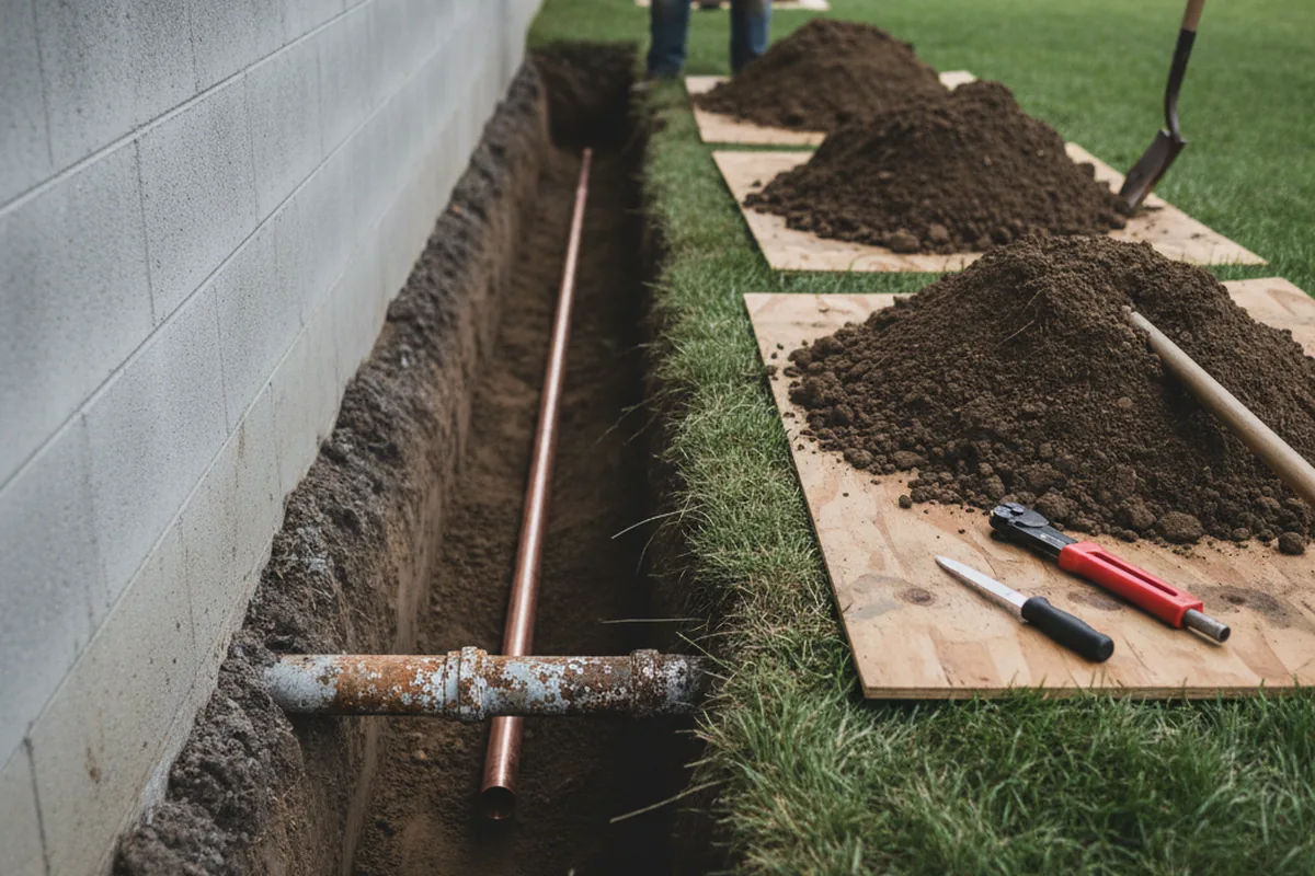 Excavated water line trench during Water Heater Repair in Buckatunna
